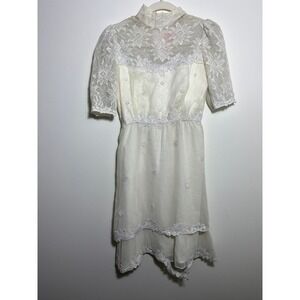 Vintage White Lace Organza High Neck Cocktail Dress Short‎ Sleeve Embroidered